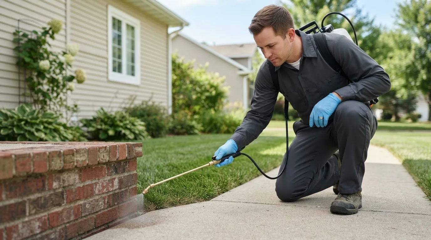 Pest control technician treating a home near Watkins, IA