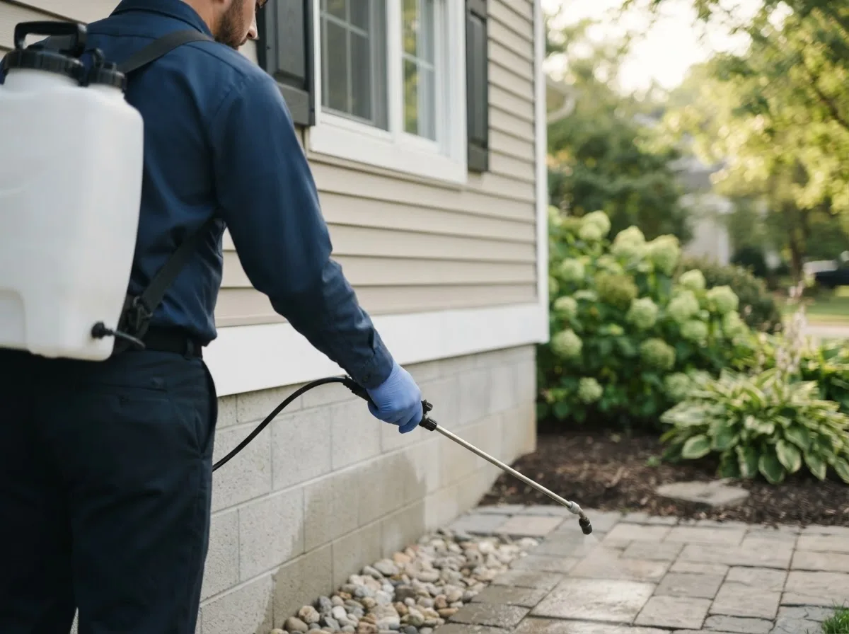 Pest control technician inspecting a home in Watkins, IA